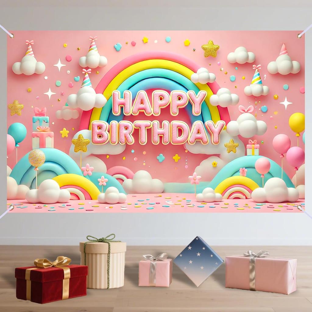 Nuxovilar Happy Birthday Banner - Large 71x43 Inch Pastel Rainbow Clouds Party Backdrop for Kids, Yard Sign, Birthday Decorations