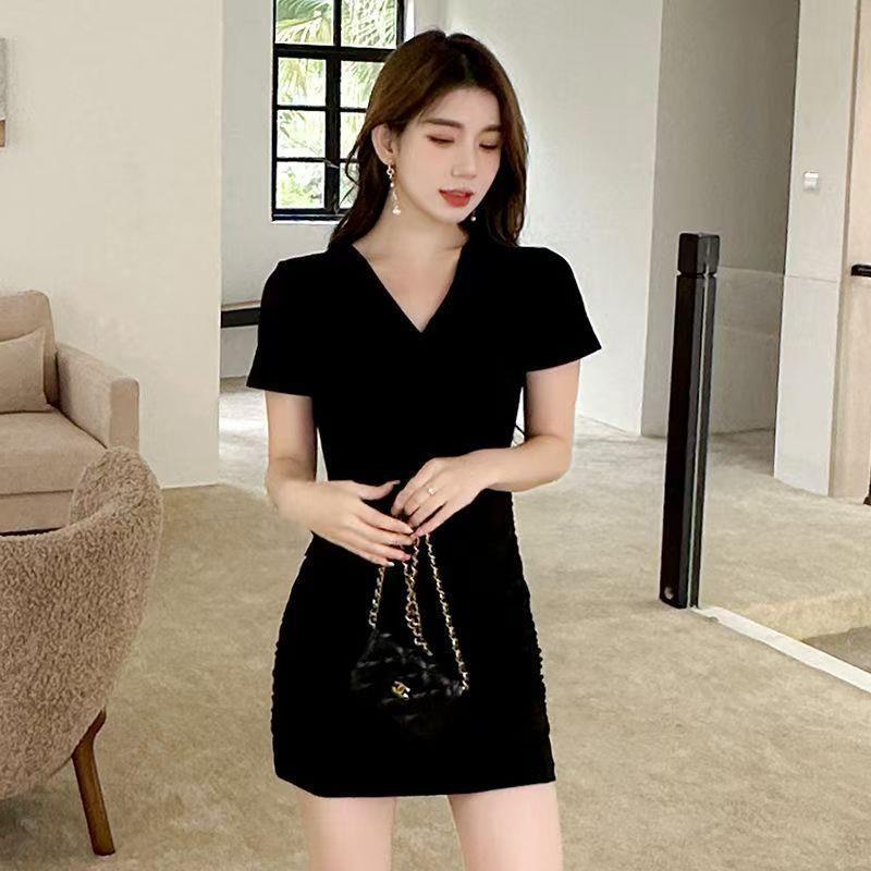 Sexy Pleated V-Neck Summer Dress - Slimming, Flattering Short Skirt S чёрный