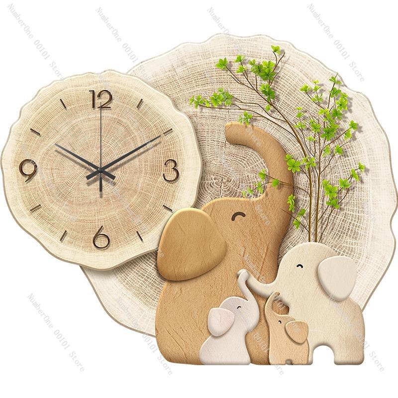 Elephant Wall Clock with Decorative Wabi-sabi Style,Unique Entrance Painting,Creative and Artistic Corridor Hanging Clock