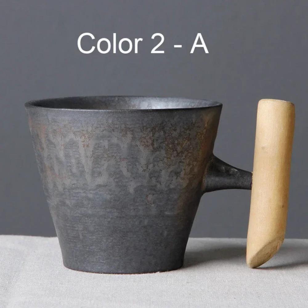 Japanese Vintage Tea Cup Set Ceramic Coffee Mug Rust Glaze Milk Cafe Cup with Wood Handle Water Cup Teacup Home Office Drinkware