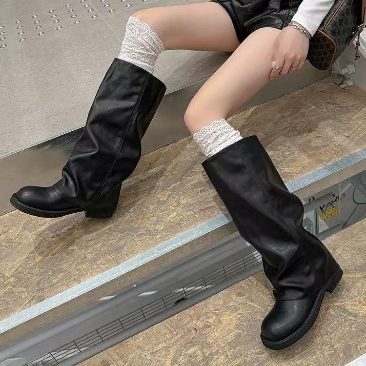 Cowhide Version Retro Platform High Tube Leather Boots Fat Mm Big Tube Circumference Round Head Thick Heel Trouser Tube Boots Women's Western Boots