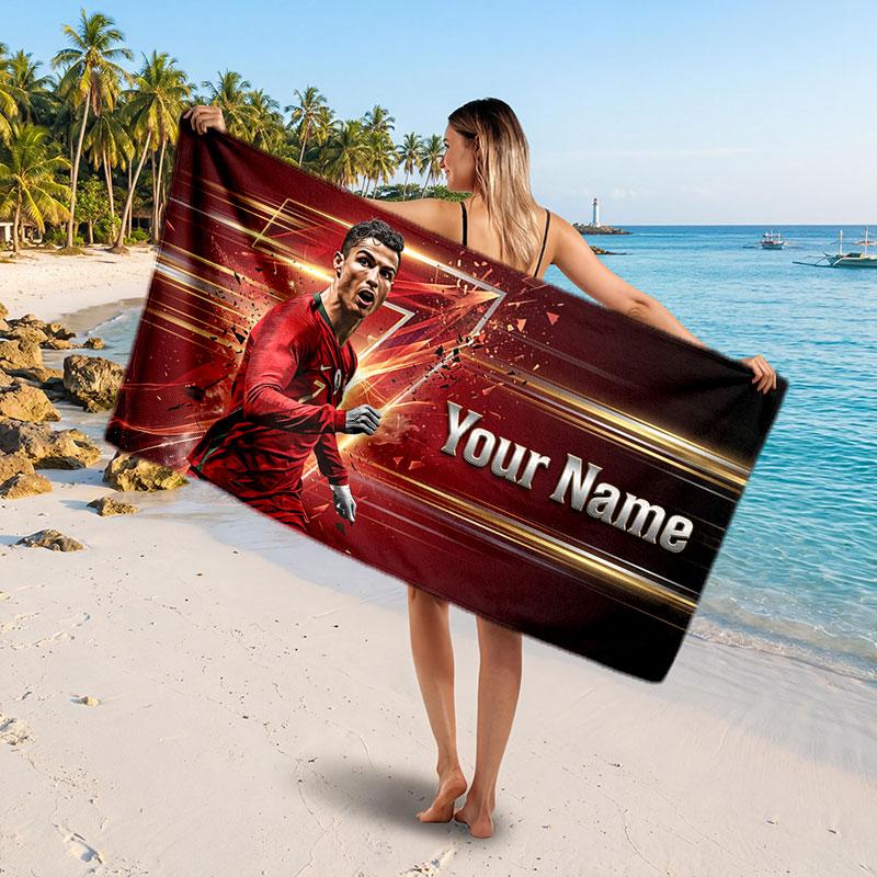 Cristiano Ronaldo Custom Beach Towel, Personalized Name Text Print, Football Logo Soft Quick‑Dry Towel Holiday Gift