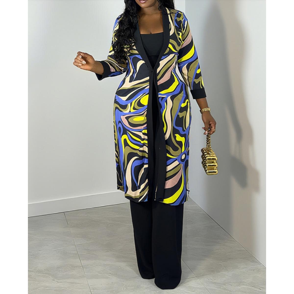 

Autumn Winter New Women s Cardigan Coat Casual Printed Open Front Outerwear S синий