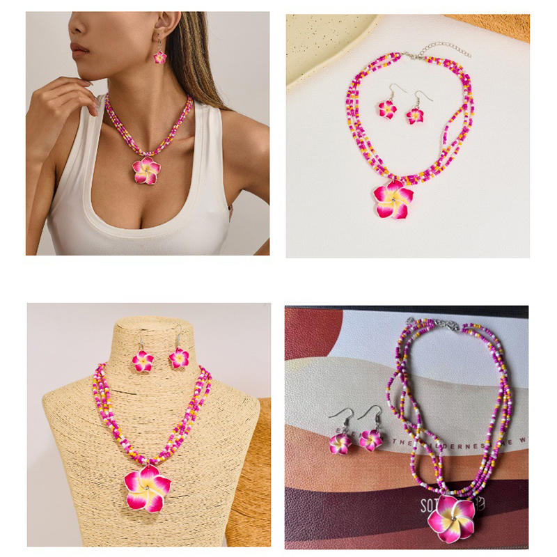 Elegant Colourful Flower Floral Set Earrings Necklace Sweet Braided Necklace Fashion Jewelry