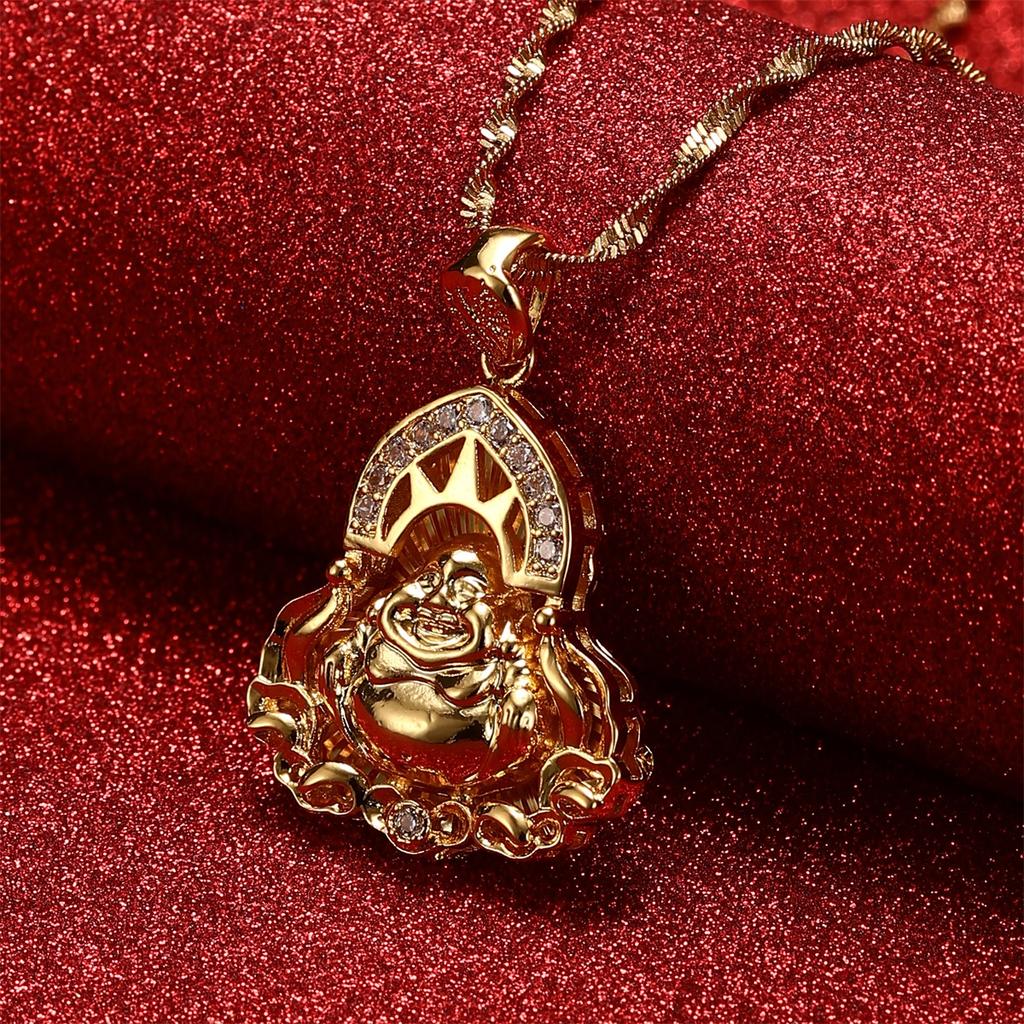 Buddhist pendant necklace gold Chinese style jewelry Buddha statue amulet Hinduism