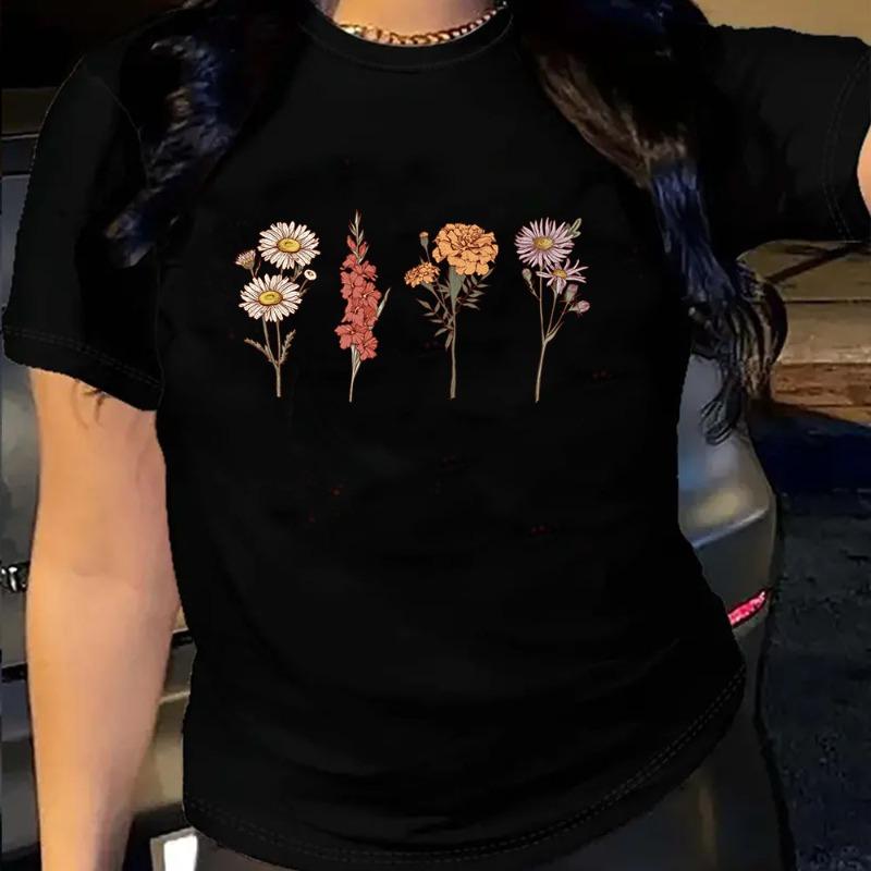 Women's Flower Plant Print Loose Imitation Cotton Large Size Round Neck Short Sleeved T-shirt for Women