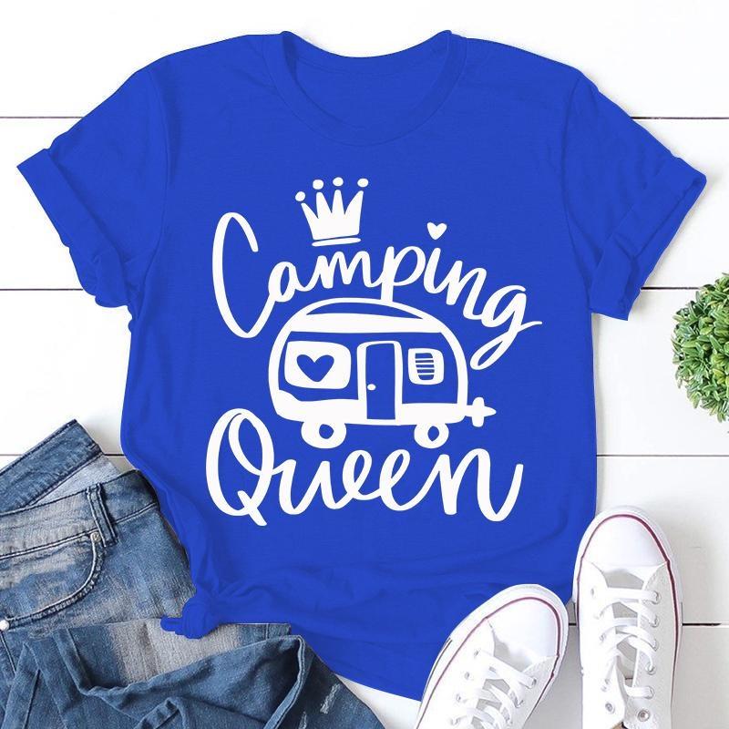 Cute Camping Queen T-shirts For Women Summer Tee Shirt Femme Casual Queen Short Sleeve Camping Round Neck Tops T-shirts