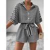 Striped Lapel Mid Sleeved Jumpsuit Shorts Stripes Lapel Mid-Sleeve Jumpsuit