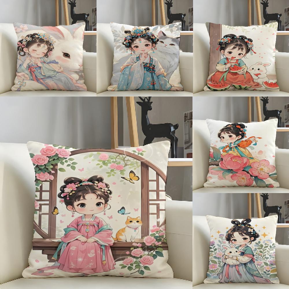 Eastern Aesthetics China Costume Girl 1 Pillow Case Natural Linen Pillow Case Double-Sided Decor Sofa Pillowcase Home Decor