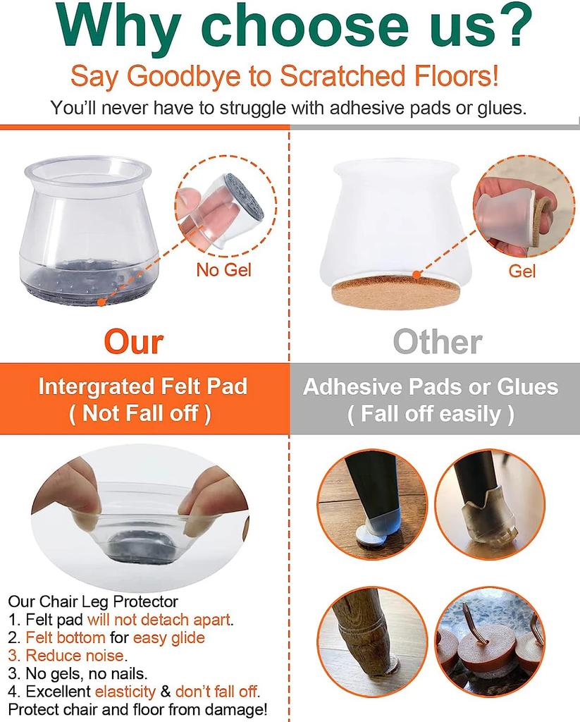 12Pcs Small Silicone Chair Leg Covers W/ Felt Pad Furniture Leg Protectors for Hardwood Floors, Prevent Scratches &Reduce Noise