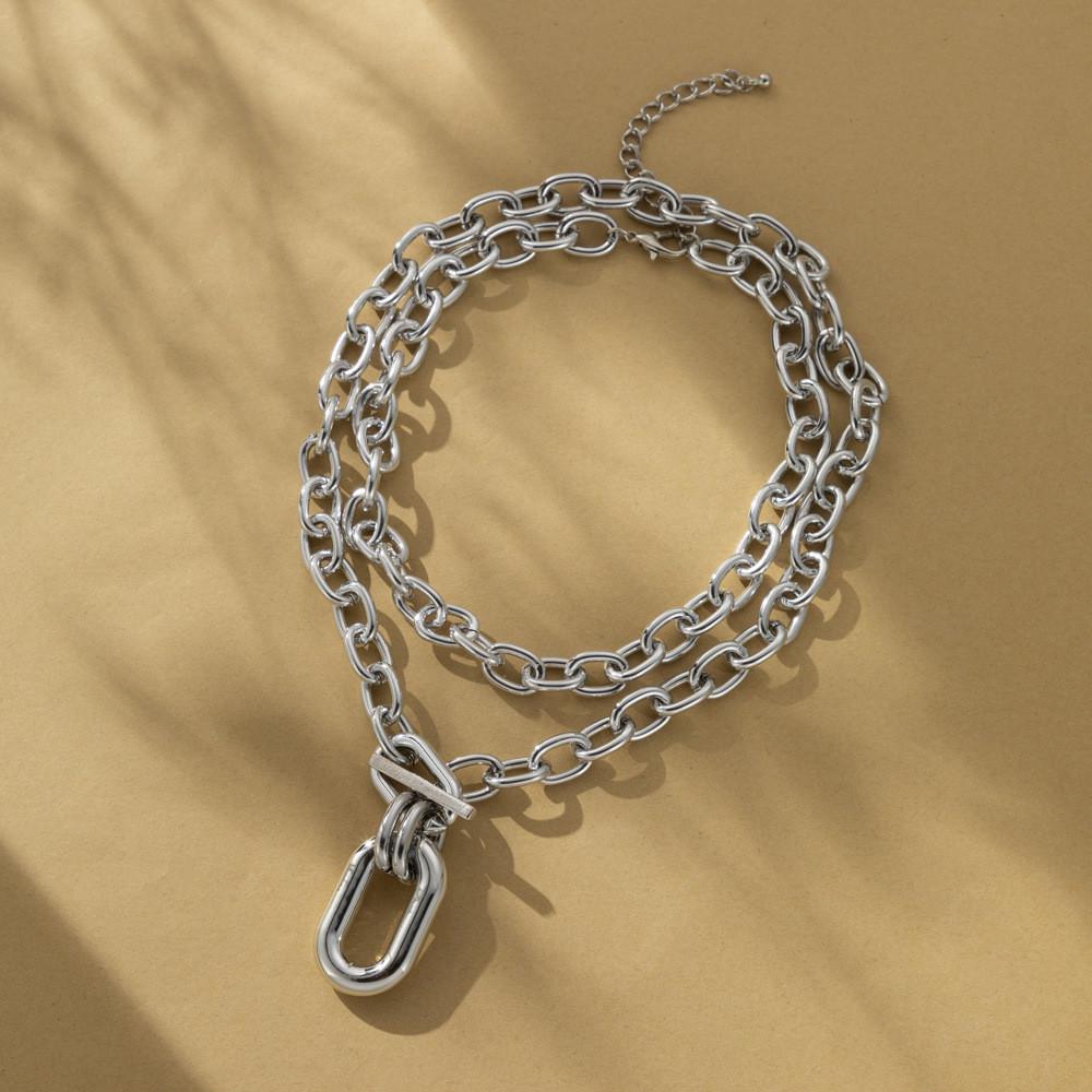 Layered Aluminum Stylish Chain Necklace With Geometric Metal Lock For Women