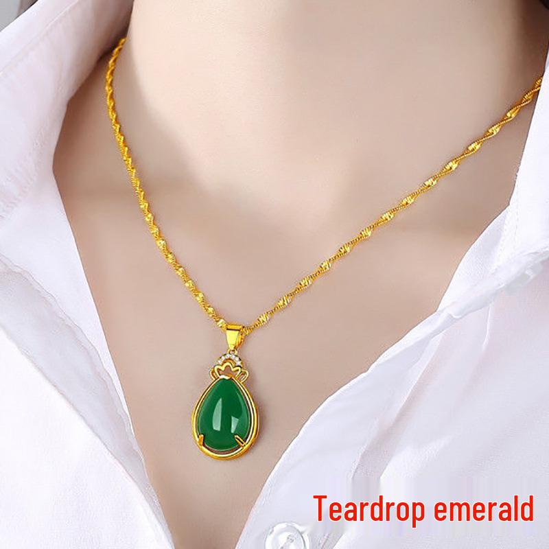 Gold-Plated Double Water Wave Necklace with Ruby & Emerald Pendant