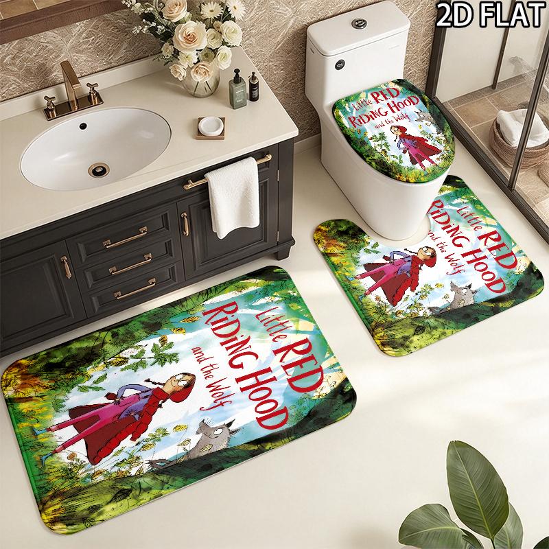 3pcs Revolting Rhymes Pattern Flannel Nonslip Absorbent Washable Decorative Bathroom Home Toilet Seat Cover Mat