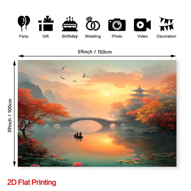 2D Dreamy Autumn River Boat Landscape Wall Decor Banner