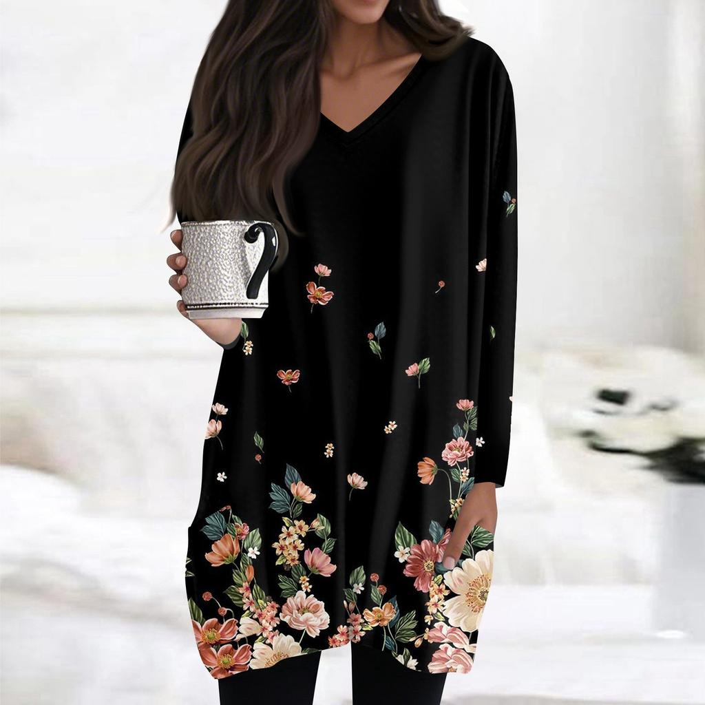 Damen Oberteile V-Ausschnitt Langarm Blusen Lässige Mittellange Hemden Mode Druck Tunika Oberteile Mit Taschen