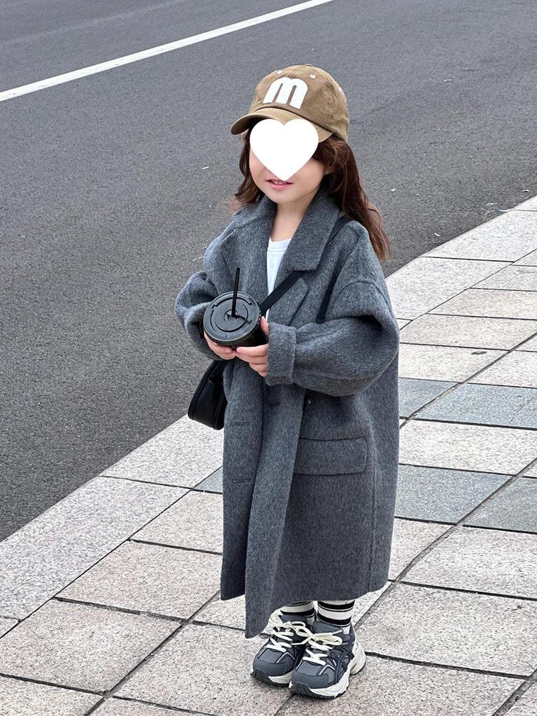 Trendiger Wollmantel für Kinder - Koreanischer Stil, Mittellang, Grau, Unisex, Herbst-/Winterkollektion 2025