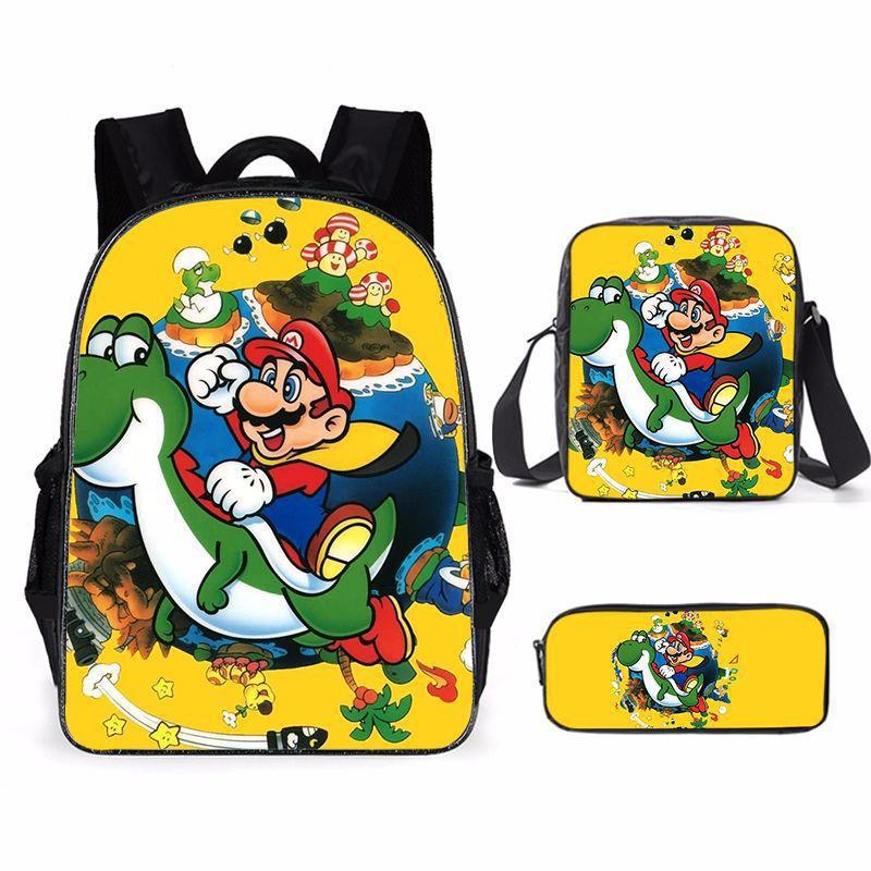 Set Zaino Cartone Animato Mario 3-in-1 Zaino per Studente per Laptop Borsa a Spalla Astuccio Zaino Scolastico per Bambini