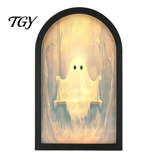 Ghostly Candlelight Display Light Up Ghost Mirror, Arched Wooden Frame Ghost/Grim Reaper Halloween Indoor Holiday Ornaments Soft Ambient Lighted