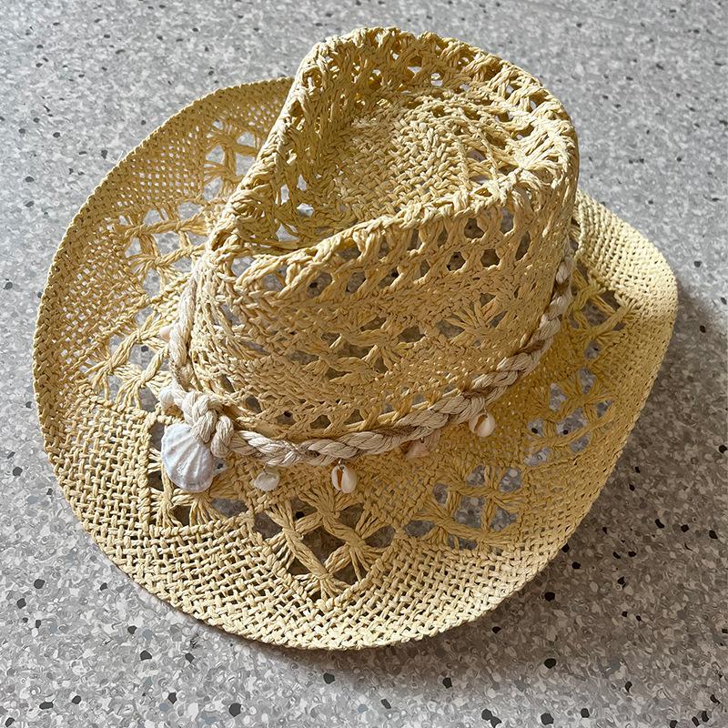 Vintage Sommer Strand Böhmischer Strohhut Muschel Damen Herren Western Cowboy Hüte Holzperlen Hohl Sonnenschutz Urlaubskappe