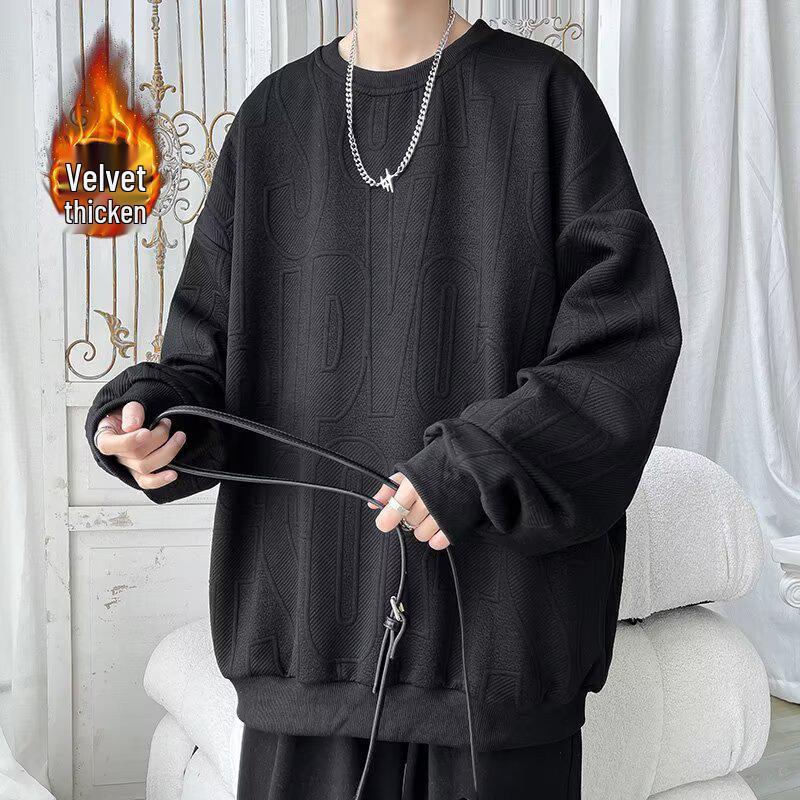 Men's Heavyweight Jacquard Round Neck Hoodie with Plus Velvet for Fall and Winter – Long Sleeve Inner Base Layer Style