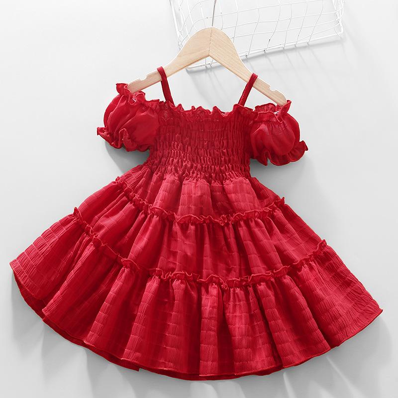 

Girls Summer Fashion Puff Sleeve Patchwork Dress with Ruffle and Halter Bandeau 110 cm червоний