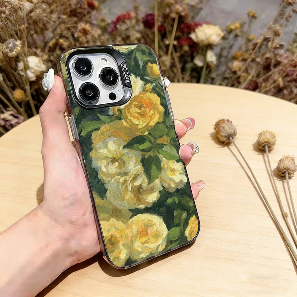 Oil Painting Flowers Series Phone Case For iPhone 17,16,15,14,13,12,11 Plus,Pro Max,XS,Colored Silver Plated Inside Cover