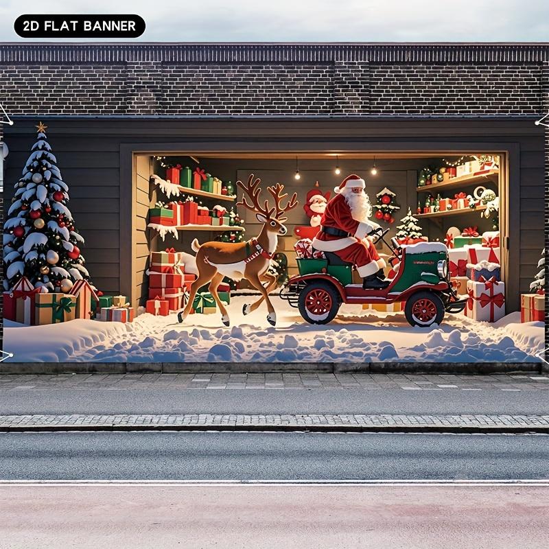 2D flat single piece oversized Christmas garage door banner - Santa Claus and reindeer winter scene decoration