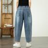 Summer Women Plus Size High Waist Loose Jeans Vintage Harem Pants Elastic Waist Patchwork
