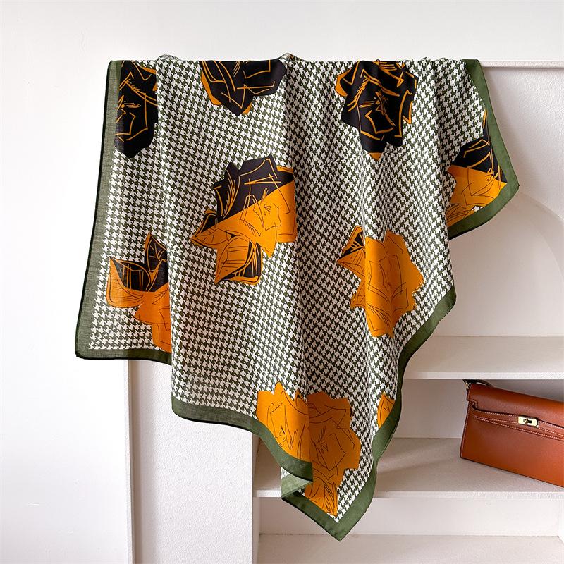 

Color Matching Camellia 90Cm Simulated Silk Large Square Scarf Shawl Fashionable Versatile Printed Herringbone Scarf Headscarf Female New 90x90cm