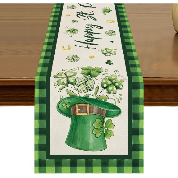 St.Patrick's Day Green Shamrocks Buffalo Plaid Table Runner 13x72 Inch Spring Holiday Clover Kitchen Dining Table Decor for Indoor Outdoor Farmhouse