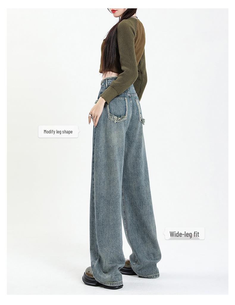 American Retro High-Waisted Wide-Leg Jeans for Women - 2024 Spring/Autumn Collection: Loose, Drapey Floor-Length Design