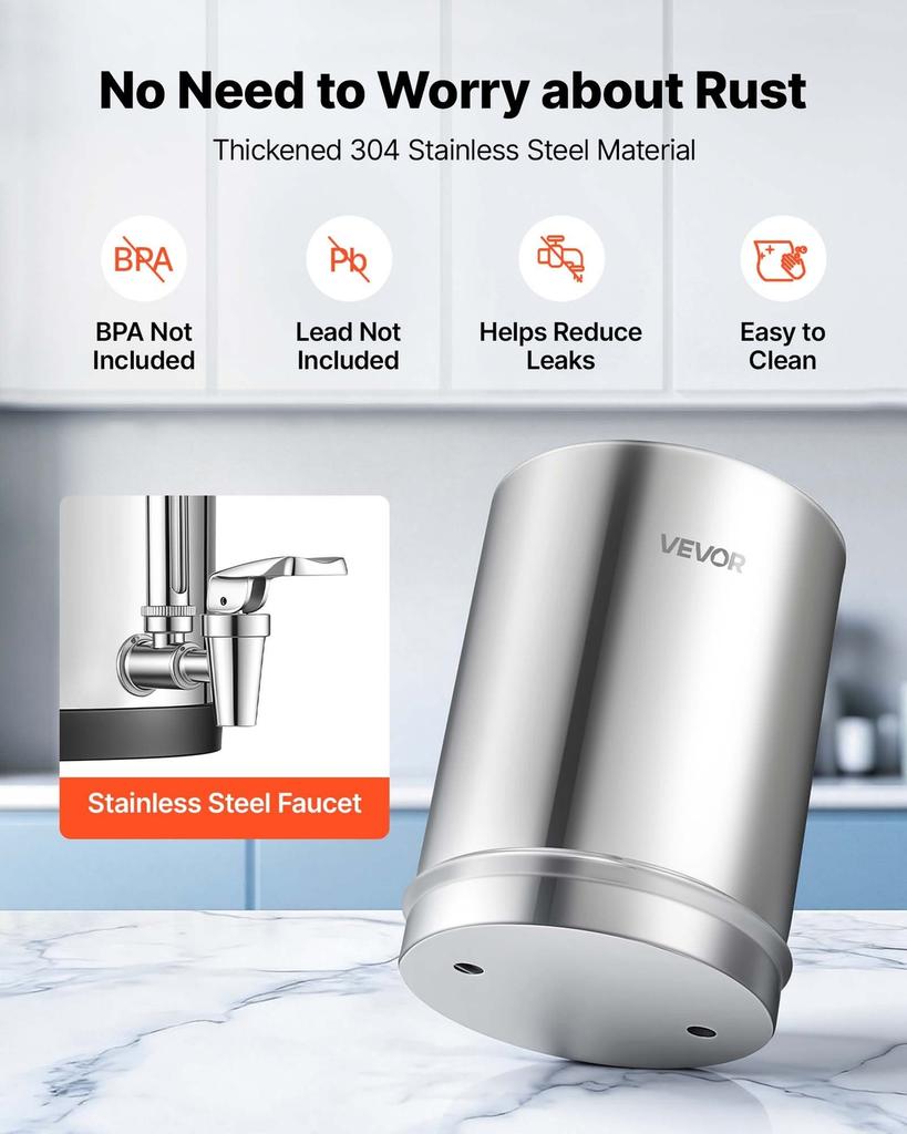Gravity-fed Water Filter System, 5.68L 304 Stainless-Steel Countertop Water Filtration System, Reduces Lead and Up To 99% of Chlorine, with 2 Carbon
