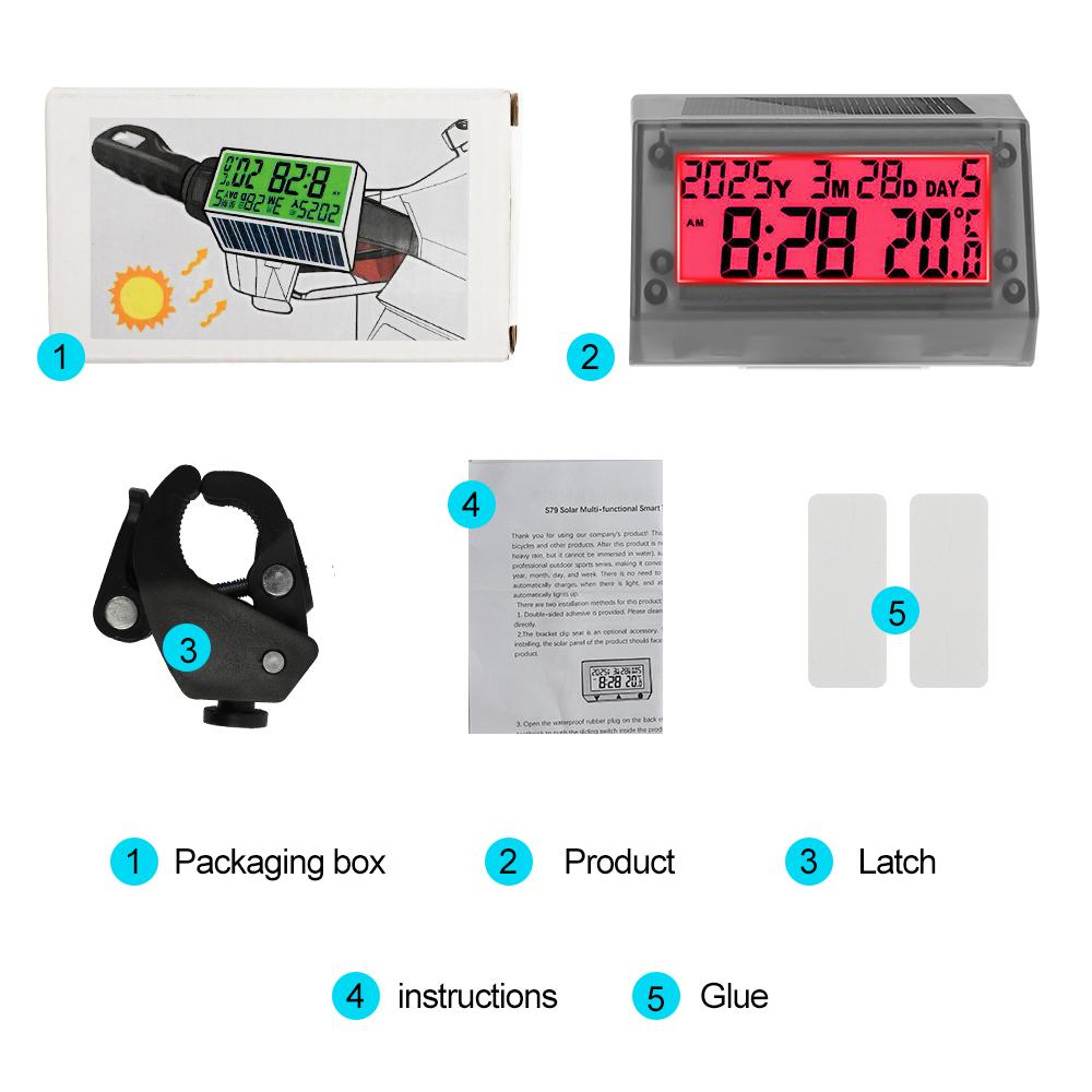 Solar Power Motorcycle Digital Clock Date Temperature LCD Backlight Display for Motorbike Bicycle Waterproof Clock Thermometer