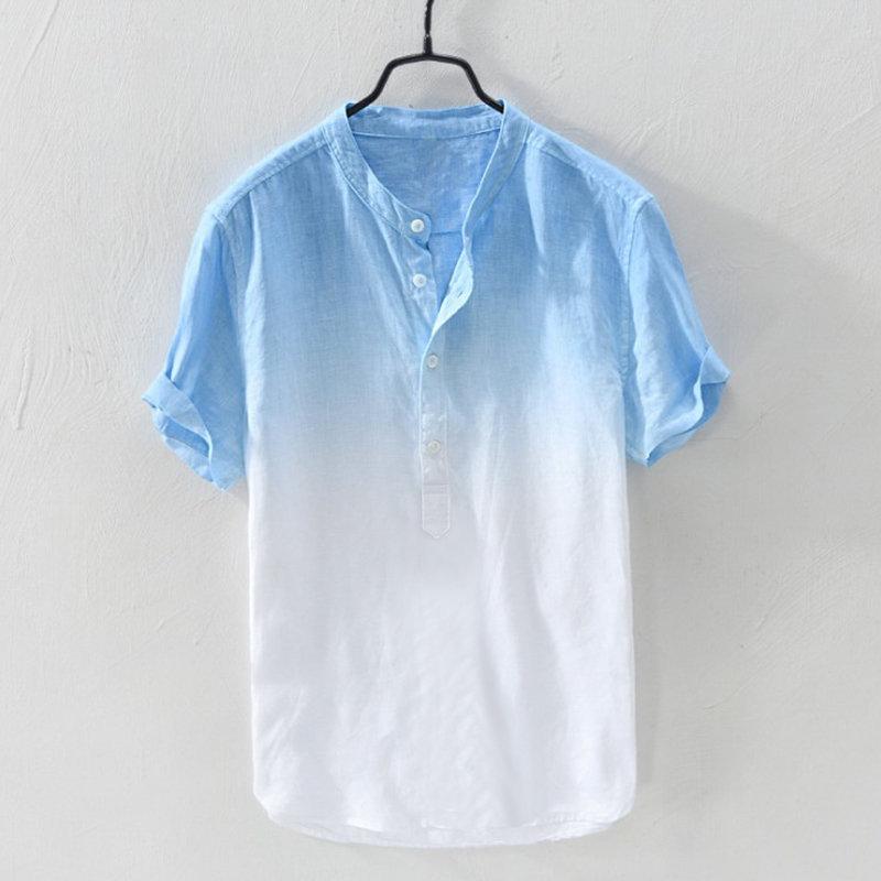T-shirt da uomo casual sottile e traspirante con colletto tondo, maglietta estiva in cotone sfumato tinto