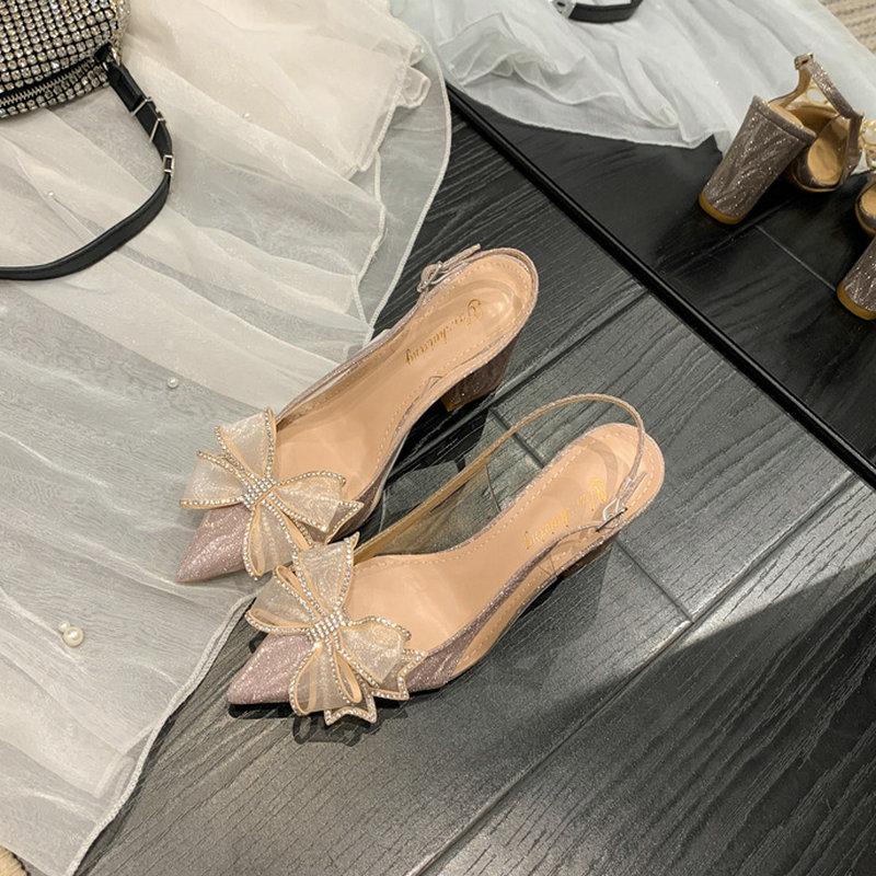 

Мода 2025 Новые Свадебные Туфли на Высоком Каблуке Туфли Невесты Тонкий Каблук Острый Носок Сандалии Ночной Клуб Туфли с Стразами Бант 41