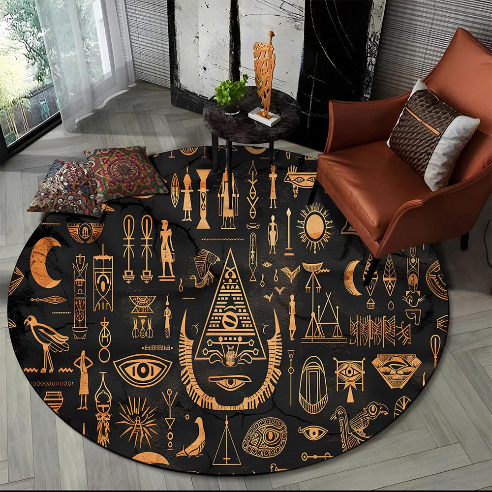 2025 New Ancient Egypt Hieroglyphic Mythology Wall Painting Glyph Round Carpet Rug for Bedroom Living Room Sofa,Decor Floor Mat