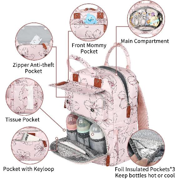 Diaper Bag Backpack, Baby Girl Diaper Bag for Mom, Large Pink Floral Diaper Bag Backpack for Girls, Waterproof Mom Backpack for Work Travel Holiday