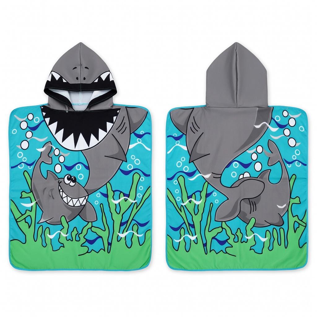 Ocean Adventure Shark Flat Print Hooded Beach Towel Kids Toddler Boy Summer Vacation Beach Pool Poncho Cloak Changing Robe