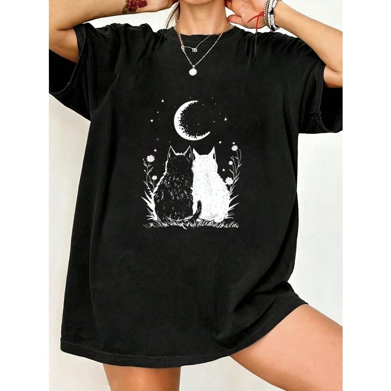 Oversized T Shirt Black Two Cats Under Moon And Stars Print Casual Wear For Women Summer Outfit Streetwear Fashion Top