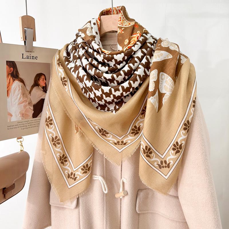 Retro fashion 130CM large square scarf women's beard scarf printed versatile high-end shawl scarf