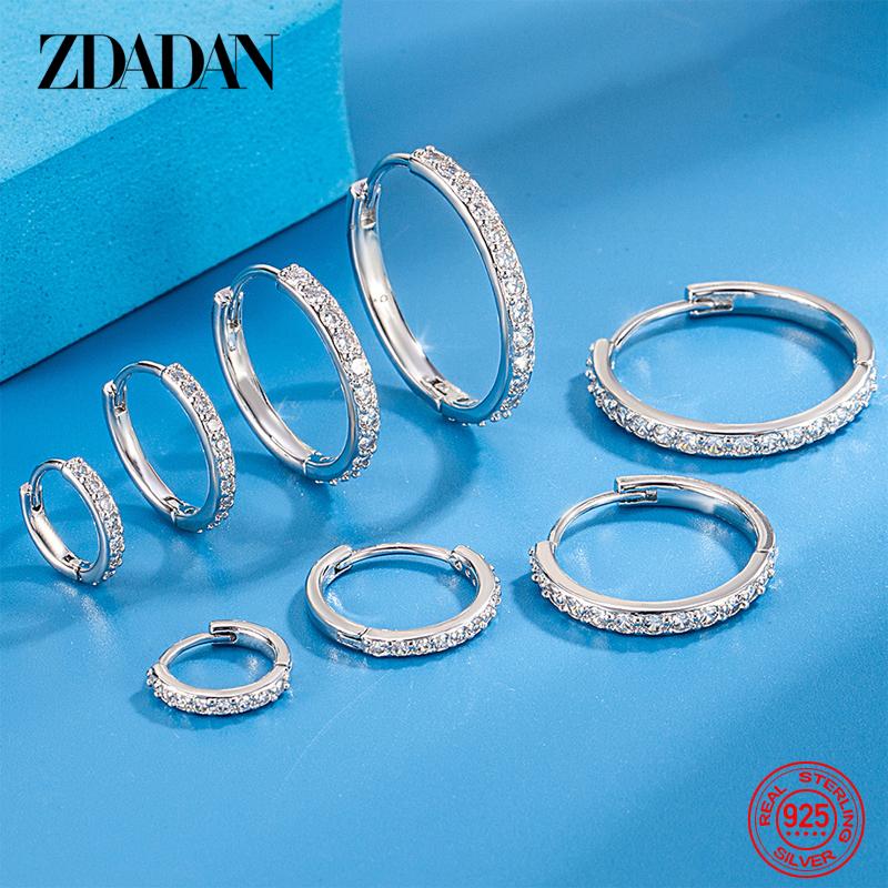 ZDADAN 925 Silver 8/12/16/20mm Zircon Hoop Earrings For Women Fashion Jewelry