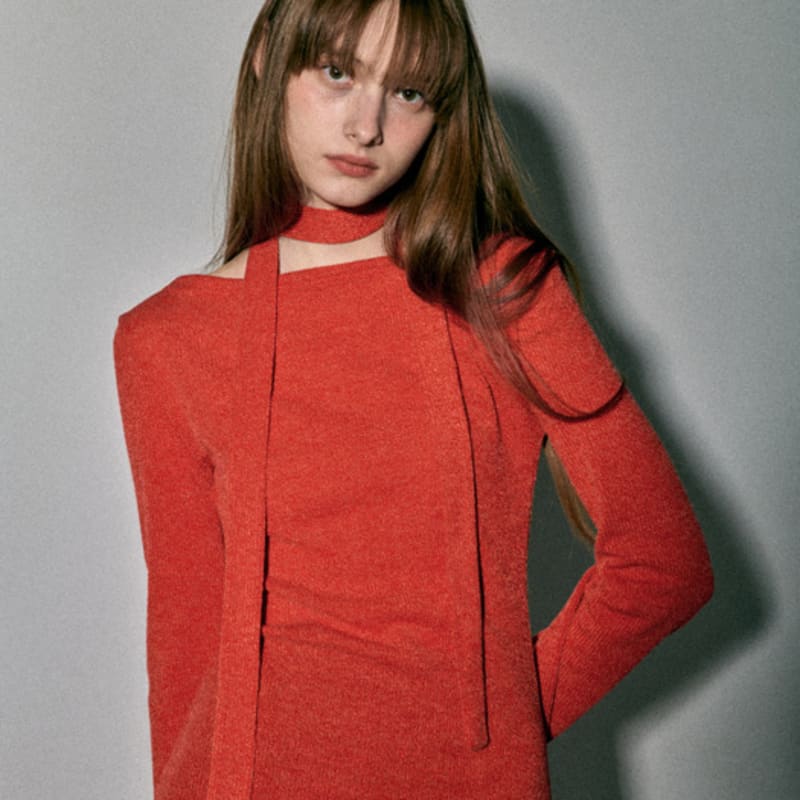 QUAFE KNIT ONEPIECE & MUFFLER SET_RED ORANGE