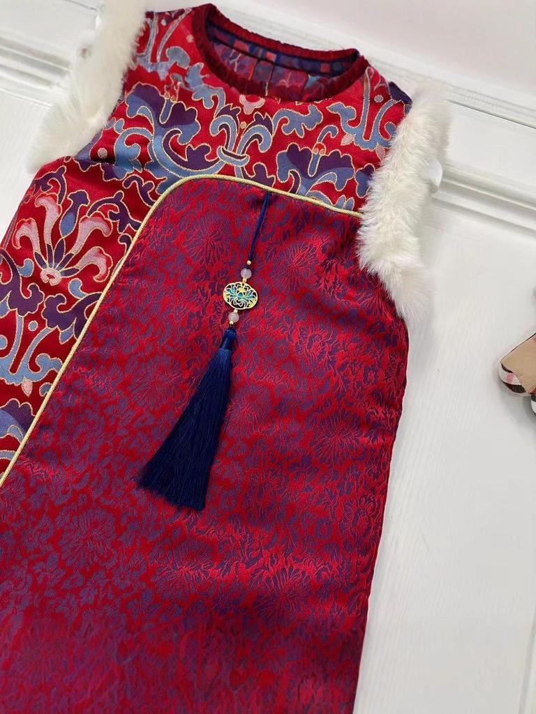 Chinese New Year Girls' Quilted Tang Suit Vest & Cheongsam Dress Set for Siblings