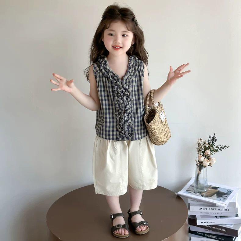 Girl's Sleeveless Wide Leg Pants Set Summer Fashion Versatile Checkered Casual Set for Girls