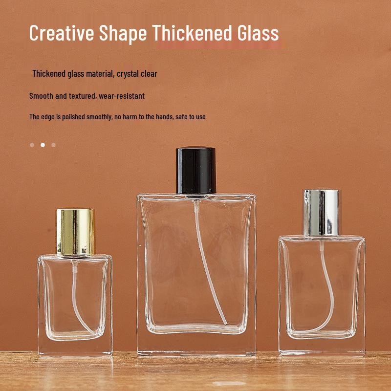 Threaded Flat Square Glass Perfume Bottle, 50ml Press Spray & 30ml Portable Refill, Transparent
