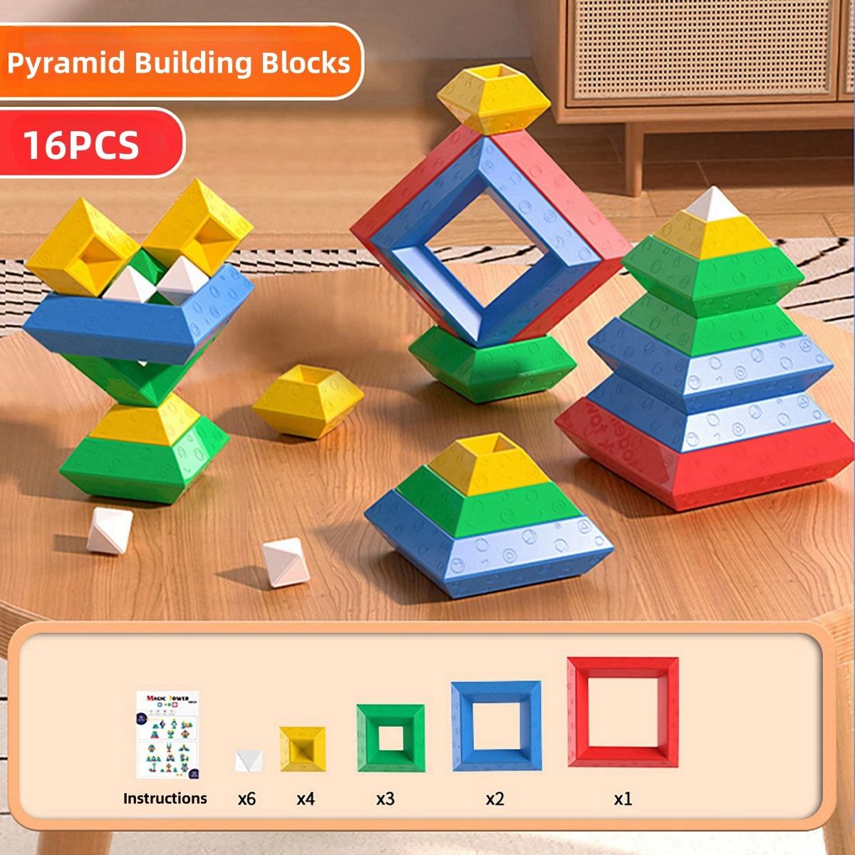Wucifang Bags Unisex 16Pcs Pyramid Building Blocks Puzzle Toy Intellectual Development Brain Teasers Stacking Game Magic Tower
