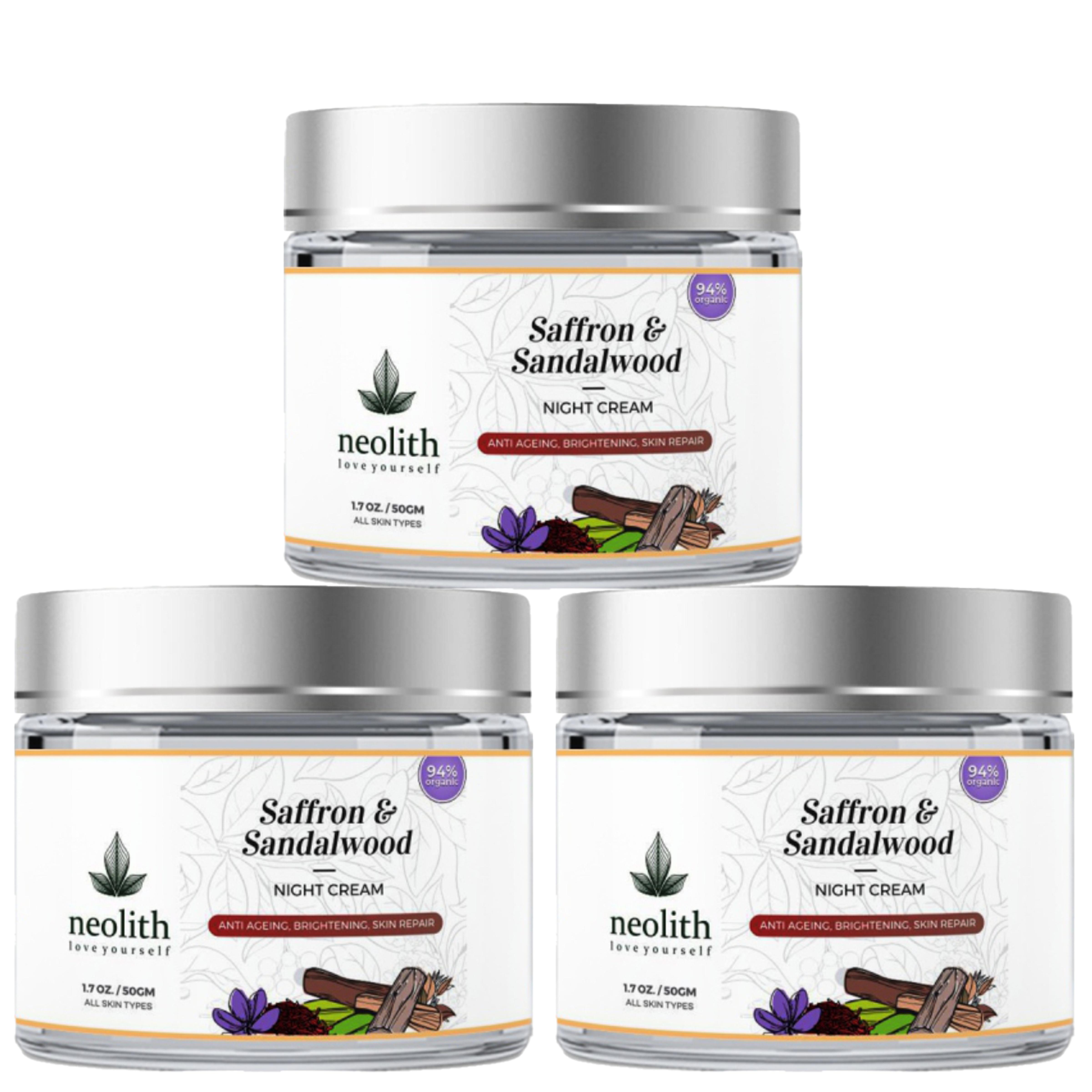 

Ночной крем Neolith с шафраном и сандаловым деревом | 94% органический | Ночное восстановление кожи, Антивозрастное, Для сияющей и молодой кожи | Без силикона, минерального масла, парабенов 150 ML белый