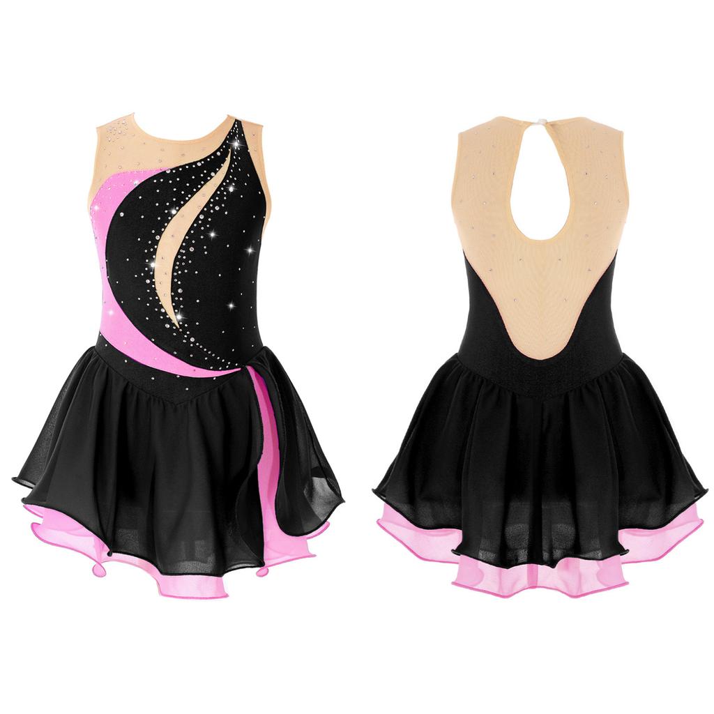 Kids Girls Sleeveless Figure Skating Dress Shiny Rhinestone Ballet Gymnastics Dance Leotard Stage Performance Costume