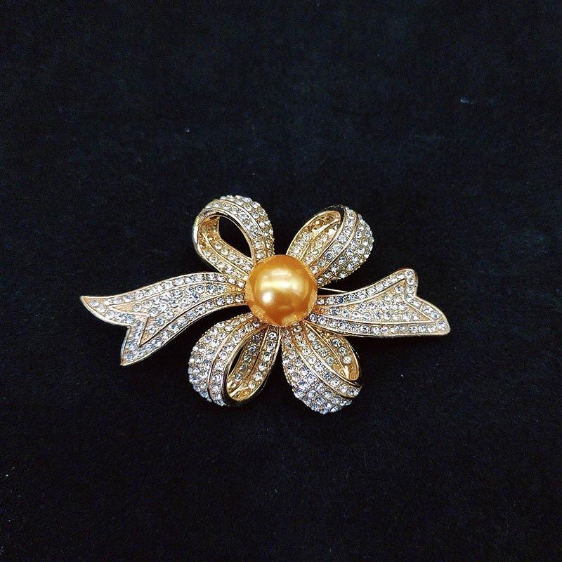 Брошь-бант с полным бриллиантовым покрытием, Высококлассная, Нишевая, Премиум, Декоративная брошь-булавка на воротник с жемчугом золотой