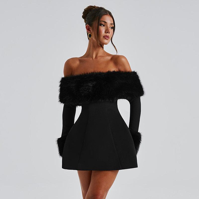 Zimné čierne bez ramienok nadýchané sexy šaty pre dámske róby elegantné večerné párty šaty bodycon mini jesenné šaty párty klub